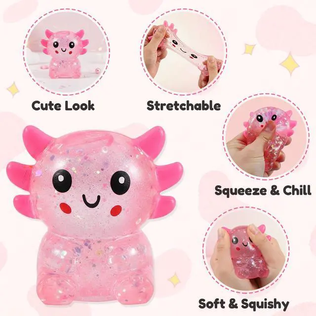 Alt view image 3 of 6 - Glitter Axolotls Squishies Toy, Stretchy Axolotls Stress Ball, Fidget Toy for Anxiety Relief and Sensory Play, Pocket Size Squeeze Toys Gift for Kids Teens Adults.(Pink)