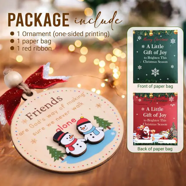 Alt view image 2 of 7 - Friend Christmas Ornament Wooden Friendship Ornament for Women (B75) | Christmas ornament for friends. A keepsake friendship gift to treasure. Lightweight wooden decor with red ribbon tie.