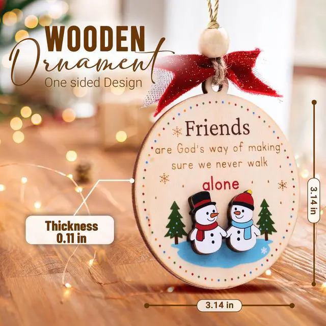 Alt view image 3 of 7 - Friend Christmas Ornament Wooden Friendship Ornament for Women (B75) | Christmas ornament for friends. A keepsake friendship gift to treasure. Lightweight wooden decor with red ribbon tie.