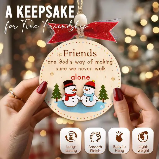 Alt view image 4 of 7 - Friend Christmas Ornament Wooden Friendship Ornament for Women (B75) | Christmas ornament for friends. A keepsake friendship gift to treasure. Lightweight wooden decor with red ribbon tie.