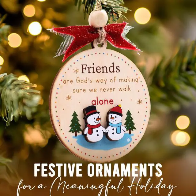 Alt view image 7 of 7 - Friend Christmas Ornament Wooden Friendship Ornament for Women (B75) | Christmas ornament for friends. A keepsake friendship gift to treasure. Lightweight wooden decor with red ribbon tie.