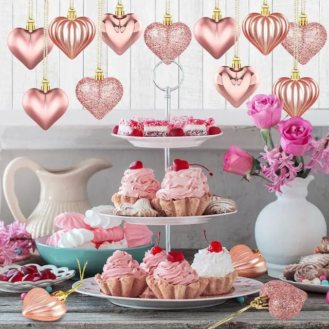 Alt view image 4 of 6 - 36Pcs Valentines Day Decor Heart Ornaments Rose Gold Heart Shaped Baubles Ornaments for Valentine's Day Hanging Decorations or Wedding Anniversary Party Supplies Home Tree Decorations (4 Styles)