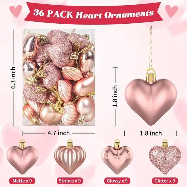 Alt view image 2 of 6 - 36Pcs Valentines Day Decor Heart Ornaments Rose Gold Heart Shaped Baubles Ornaments for Valentine's Day Hanging Decorations or Wedding Anniversary Party Supplies Home Tree Decorations (4 Styles)