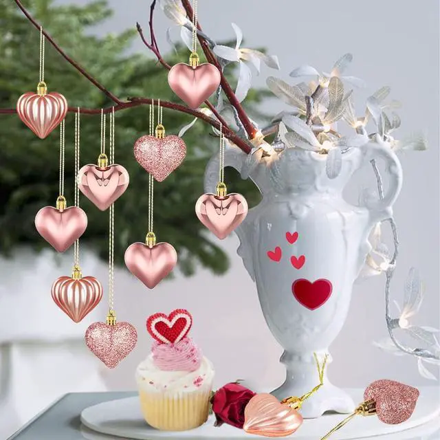 Alt view image 6 of 6 - 36Pcs Valentines Day Decor Heart Ornaments Rose Gold Heart Shaped Baubles Ornaments for Valentine's Day Hanging Decorations or Wedding Anniversary Party Supplies Home Tree Decorations (4 Styles)