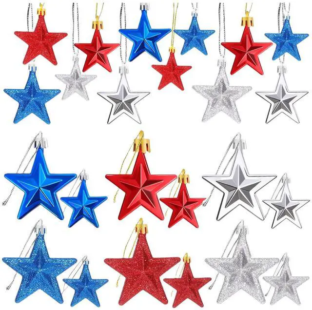 Main image of 24 Pcs Patriotic Ornaments for Tree Red White Blue Christmas Decor | Plastic Material, 4th of July Decorations, Memorial Day Tree Decorations, Red White and Blue Ornaments for Tree, Hanging