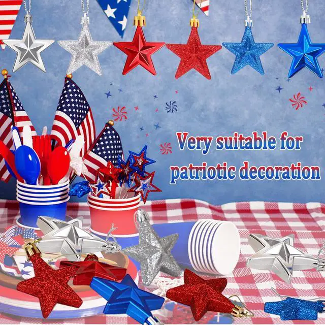 Alt view image 4 of 7 - 24 Pcs Patriotic Ornaments for Tree Red White Blue Christmas Decor | Plastic Material, 4th of July Decorations, Memorial Day Tree Decorations, Red White and Blue Ornaments for Tree, Hanging