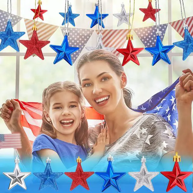 Alt view image 6 of 7 - 24 Pcs Patriotic Ornaments for Tree Red White Blue Christmas Decor | Plastic Material, 4th of July Decorations, Memorial Day Tree Decorations, Red White and Blue Ornaments for Tree, Hanging