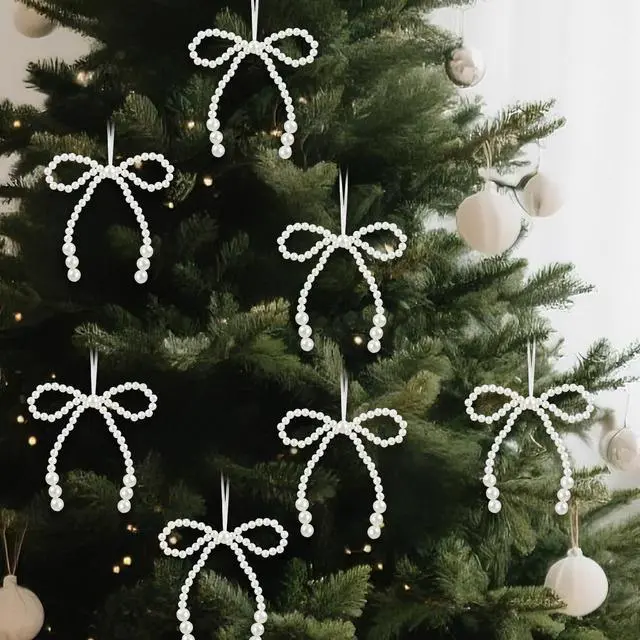 Main image of 12 Pcs White Pearl Bow Ornaments Tree Topper Hanging Pendant | White Pearl Bow Ornaments Tree Topper Decor Christmas Hanging Ornament Pendant Bridal Shower Birthday Indoor Xmas Decor