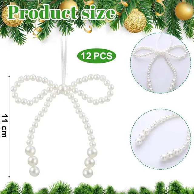 Alt view image 2 of 6 - 12 Pcs White Pearl Bow Ornaments Tree Topper Hanging Pendant | White Pearl Bow Ornaments Tree Topper Decor Christmas Hanging Ornament Pendant Bridal Shower Birthday Indoor Xmas Decor