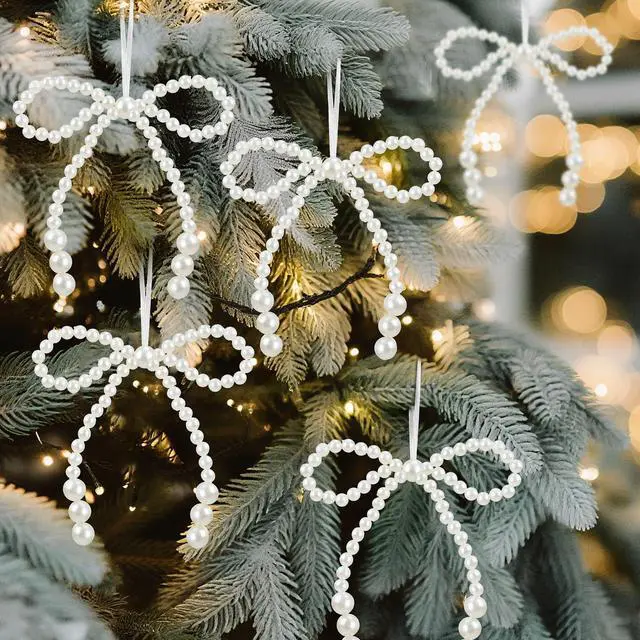 Alt view image 3 of 6 - 12 Pcs White Pearl Bow Ornaments Tree Topper Hanging Pendant | White Pearl Bow Ornaments Tree Topper Decor Christmas Hanging Ornament Pendant Bridal Shower Birthday Indoor Xmas Decor