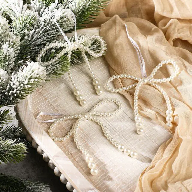 Alt view image 4 of 6 - 12 Pcs White Pearl Bow Ornaments Tree Topper Hanging Pendant | White Pearl Bow Ornaments Tree Topper Decor Christmas Hanging Ornament Pendant Bridal Shower Birthday Indoor Xmas Decor