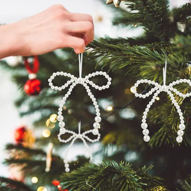 Alt view image 5 of 6 - 12 Pcs White Pearl Bow Ornaments Tree Topper Hanging Pendant | White Pearl Bow Ornaments Tree Topper Decor Christmas Hanging Ornament Pendant Bridal Shower Birthday Indoor Xmas Decor