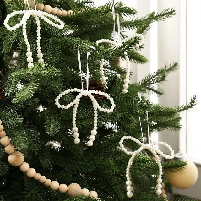 Alt view image 6 of 6 - 12 Pcs White Pearl Bow Ornaments Tree Topper Hanging Pendant | White Pearl Bow Ornaments Tree Topper Decor Christmas Hanging Ornament Pendant Bridal Shower Birthday Indoor Xmas Decor