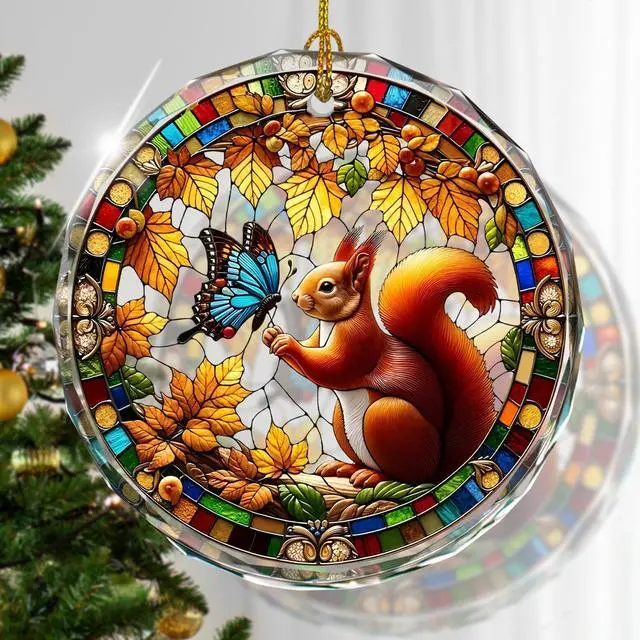 Main image of Squirrel Stained Glass Ornament, Squirrel Decorative Hanging Ornaments, Holiday Present ldeas and Gift Exchange