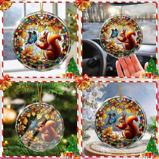Alt view image 6 of 6 - Squirrel Stained Glass Ornament, Squirrel Decorative Hanging Ornaments, Holiday Present ldeas and Gift Exchange