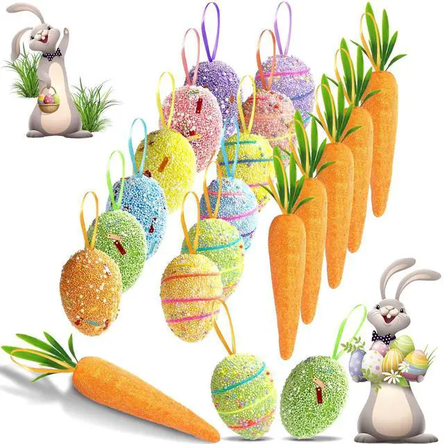 Main image of 18PCS Easter Egg Ornaments and Carrot Hanging Ornaments Colorful Foam Hanging Egg Ornaments Foam Glitter Artificial Carrots Easter Tree Decorations Home Party DIY Crafts