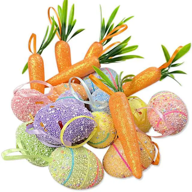 Alt view image 2 of 7 - 18PCS Easter Egg Ornaments and Carrot Hanging Ornaments Colorful Foam Hanging Egg Ornaments Foam Glitter Artificial Carrots Easter Tree Decorations Home Party DIY Crafts