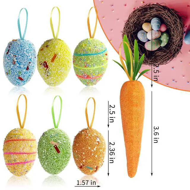 Alt view image 3 of 7 - 18PCS Easter Egg Ornaments and Carrot Hanging Ornaments Colorful Foam Hanging Egg Ornaments Foam Glitter Artificial Carrots Easter Tree Decorations Home Party DIY Crafts