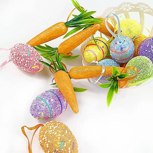 Alt view image 4 of 7 - 18PCS Easter Egg Ornaments and Carrot Hanging Ornaments Colorful Foam Hanging Egg Ornaments Foam Glitter Artificial Carrots Easter Tree Decorations Home Party DIY Crafts