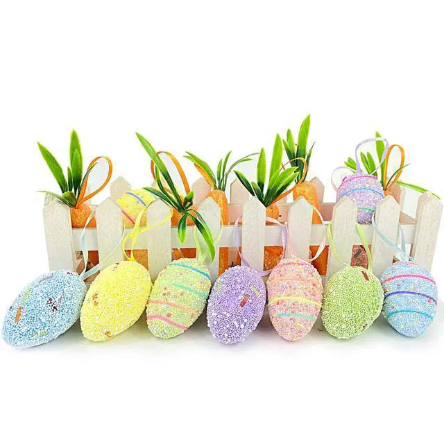 Alt view image 6 of 7 - 18PCS Easter Egg Ornaments and Carrot Hanging Ornaments Colorful Foam Hanging Egg Ornaments Foam Glitter Artificial Carrots Easter Tree Decorations Home Party DIY Crafts