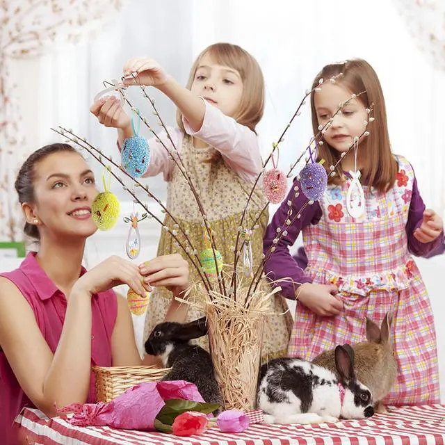 Alt view image 7 of 7 - 18PCS Easter Egg Ornaments and Carrot Hanging Ornaments Colorful Foam Hanging Egg Ornaments Foam Glitter Artificial Carrots Easter Tree Decorations Home Party DIY Crafts