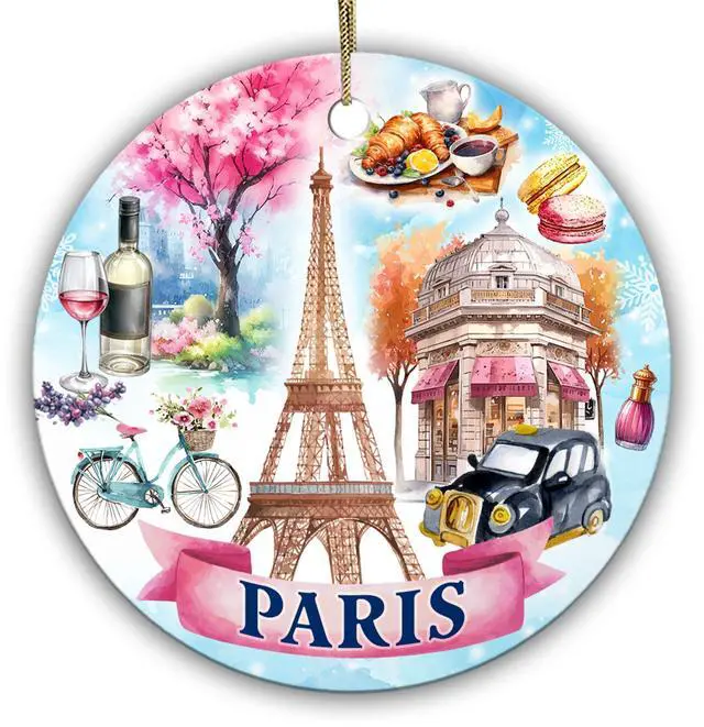 Main image of Paris Christmas Ornament 2026 Eiffel Tower, Macarons, Croissants & Parisian Café Scene Ceramic Travel Souvenir Keepsake, French Holiday Tree Decoration & European Gift