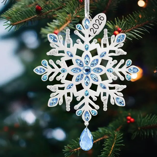 Main image of 2026 Metal Snowflake Christmas Tree Ornament Decorations 5" with Blue Crystals & Christmas 2026 Dated Engraved for Winter Xmas Tree Snowflake Keepsake Gifts Holiday Decor