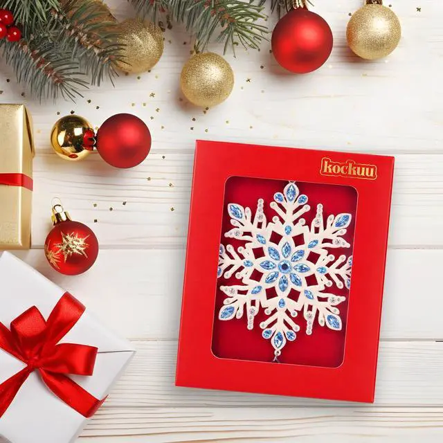 Alt view image 2 of 7 - 2026 Metal Snowflake Christmas Tree Ornament Decorations 5" with Blue Crystals & Christmas 2026 Dated Engraved for Winter Xmas Tree Snowflake Keepsake Gifts Holiday Decor