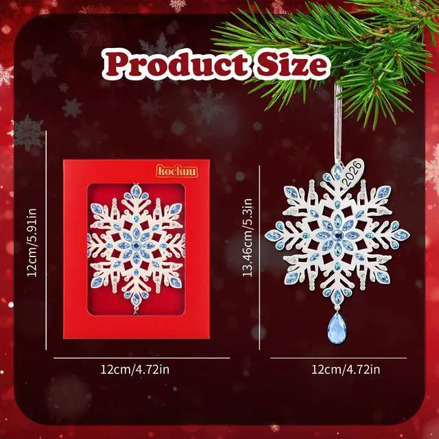 Alt view image 3 of 7 - 2026 Metal Snowflake Christmas Tree Ornament Decorations 5" with Blue Crystals & Christmas 2026 Dated Engraved for Winter Xmas Tree Snowflake Keepsake Gifts Holiday Decor