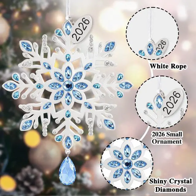 Alt view image 4 of 7 - 2026 Metal Snowflake Christmas Tree Ornament Decorations 5" with Blue Crystals & Christmas 2026 Dated Engraved for Winter Xmas Tree Snowflake Keepsake Gifts Holiday Decor