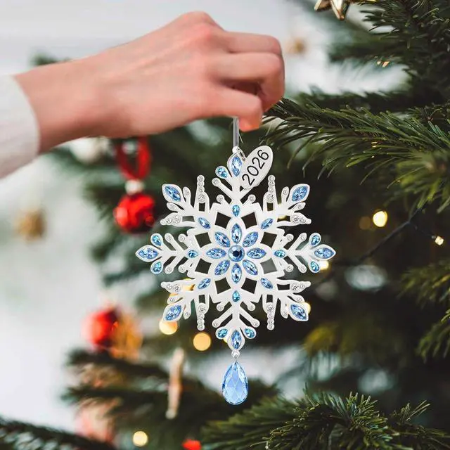 Alt view image 7 of 7 - 2026 Metal Snowflake Christmas Tree Ornament Decorations 5" with Blue Crystals & Christmas 2026 Dated Engraved for Winter Xmas Tree Snowflake Keepsake Gifts Holiday Decor