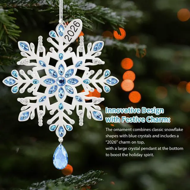 Alt view image 6 of 7 - 2026 Metal Snowflake Christmas Tree Ornament Decorations 5" with Blue Crystals & Christmas 2026 Dated Engraved for Winter Xmas Tree Snowflake Keepsake Gifts Holiday Decor