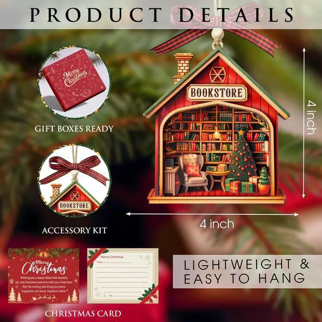 Alt view image 5 of 6 - Book Ornaments for Christmas Tree, Cozy 3D Layered Wooden Bookstore Ornament, Book Ornament for Readers, Bookish, for Women, Gifts for Book Lovers, Book Accessories for Book Nerds