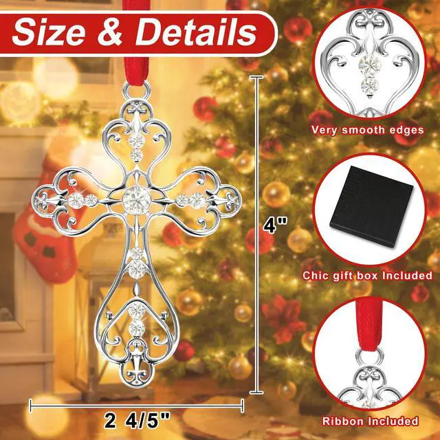 Alt view image 2 of 7 - Christmas Christian Cross Ornaments for Christmas Tree Hanging Decorations 2025, First Communion Gifts, Metal Religious Christian Gifts for Women, Men (Silver with Gift Box)