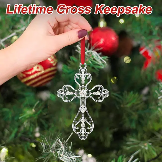 Alt view image 4 of 7 - Christmas Christian Cross Ornaments for Christmas Tree Hanging Decorations 2025, First Communion Gifts, Metal Religious Christian Gifts for Women, Men (Silver with Gift Box)