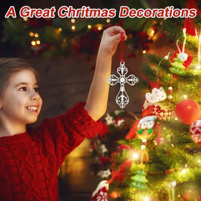 Alt view image 3 of 7 - Christmas Christian Cross Ornaments for Christmas Tree Hanging Decorations 2025, First Communion Gifts, Metal Religious Christian Gifts for Women, Men (Silver with Gift Box)
