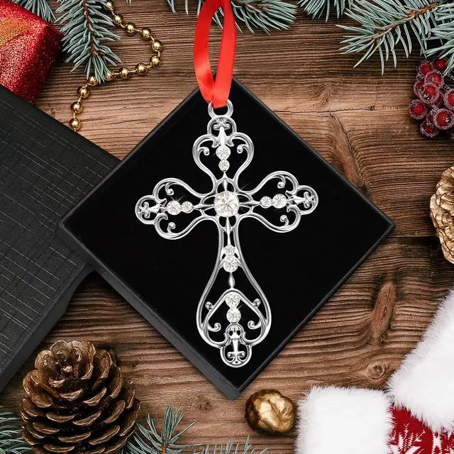 Alt view image 6 of 7 - Christmas Christian Cross Ornaments for Christmas Tree Hanging Decorations 2025, First Communion Gifts, Metal Religious Christian Gifts for Women, Men (Silver with Gift Box)
