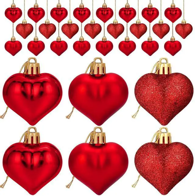Main image of 24 Pcs Valentine's Day Heart Ornaments Mini Heart Shaped Valentines Decor | Heart Hanging Ornaments Bulk 3 Assort Styles for Christmas Tree Wedding Anniversary Birthday Party Decorations Red