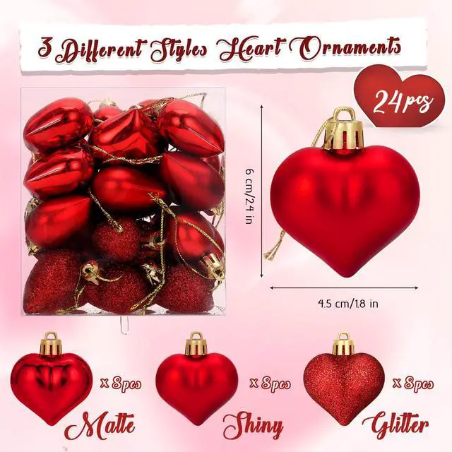 Alt view image 2 of 7 - 24 Pcs Valentine's Day Heart Ornaments Mini Heart Shaped Valentines Decor | Heart Hanging Ornaments Bulk 3 Assort Styles for Christmas Tree Wedding Anniversary Birthday Party Decorations Red
