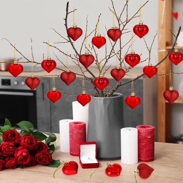 Alt view image 3 of 7 - 24 Pcs Valentine's Day Heart Ornaments Mini Heart Shaped Valentines Decor | Heart Hanging Ornaments Bulk 3 Assort Styles for Christmas Tree Wedding Anniversary Birthday Party Decorations Red