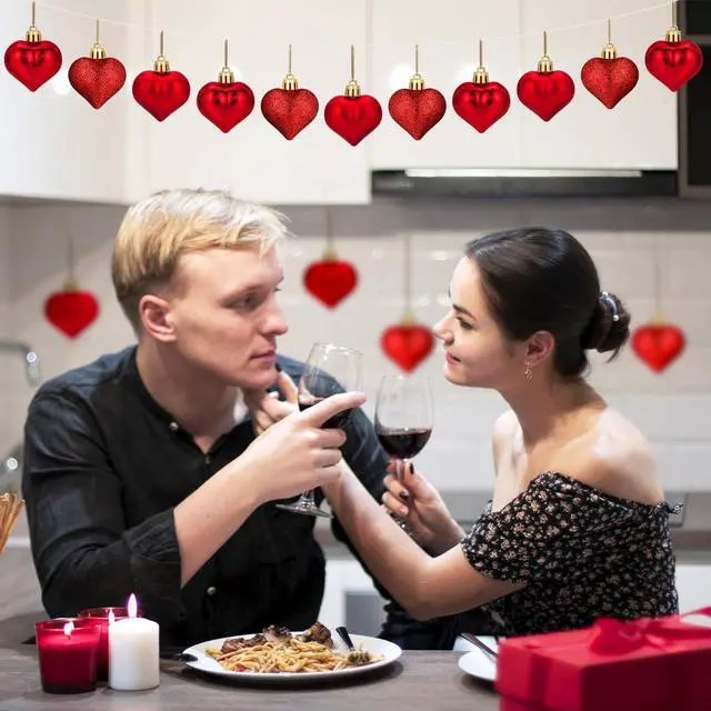 Alt view image 4 of 7 - 24 Pcs Valentine's Day Heart Ornaments Mini Heart Shaped Valentines Decor | Heart Hanging Ornaments Bulk 3 Assort Styles for Christmas Tree Wedding Anniversary Birthday Party Decorations Red