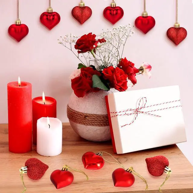 Alt view image 5 of 7 - 24 Pcs Valentine's Day Heart Ornaments Mini Heart Shaped Valentines Decor | Heart Hanging Ornaments Bulk 3 Assort Styles for Christmas Tree Wedding Anniversary Birthday Party Decorations Red