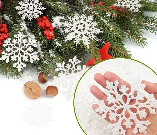 Alt view image 2 of 7 - Glitter Snowflake Ornaments for Christmas Tree Decorations White | 36pcs, plastic, various sizes, shatterproof, for indoor winter wonderland, Christmas party decoration