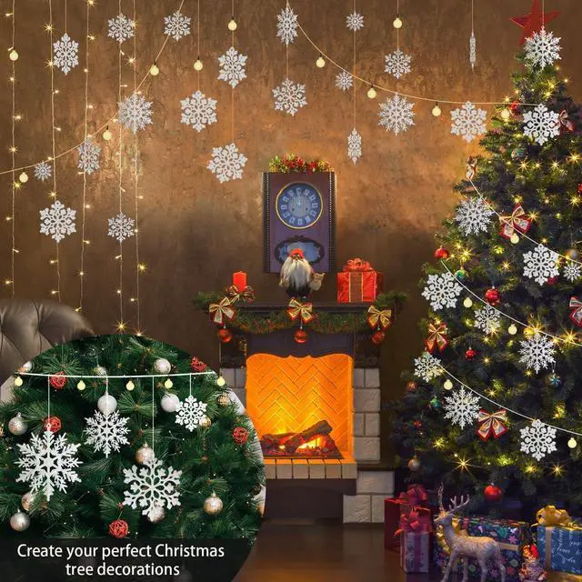 Alt view image 3 of 7 - Glitter Snowflake Ornaments for Christmas Tree Decorations White | 36pcs, plastic, various sizes, shatterproof, for indoor winter wonderland, Christmas party decoration