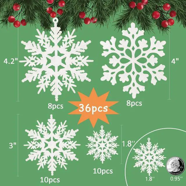 Alt view image 4 of 7 - Glitter Snowflake Ornaments for Christmas Tree Decorations White | 36pcs, plastic, various sizes, shatterproof, for indoor winter wonderland, Christmas party decoration