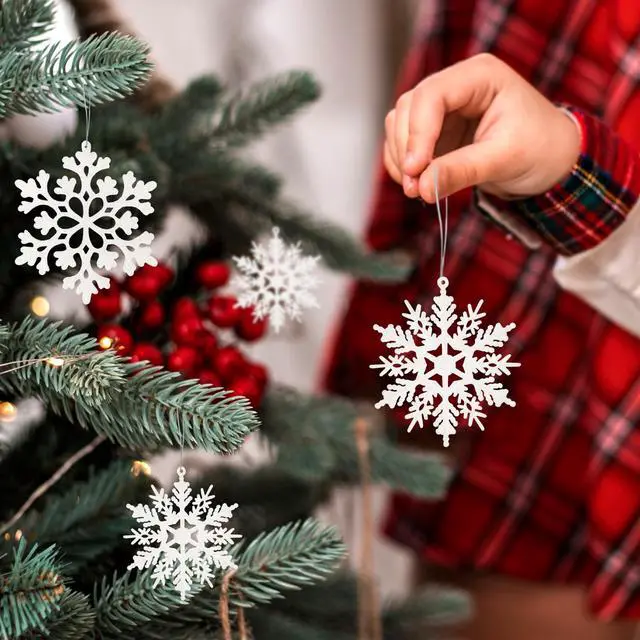 Alt view image 6 of 7 - Glitter Snowflake Ornaments for Christmas Tree Decorations White | 36pcs, plastic, various sizes, shatterproof, for indoor winter wonderland, Christmas party decoration