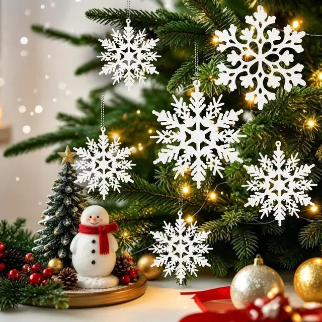 Alt view image 7 of 7 - Glitter Snowflake Ornaments for Christmas Tree Decorations White | 36pcs, plastic, various sizes, shatterproof, for indoor winter wonderland, Christmas party decoration