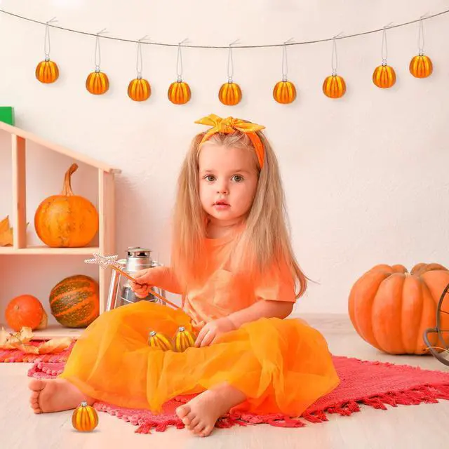 Alt view image 5 of 7 - 12 Pcs Orange Pumpkin Ornaments, Fall Mini Pumpkins Hanging Ball | Pumpkin Small Tree Decorations, Thanksgiving Harvest Home Halloween Party