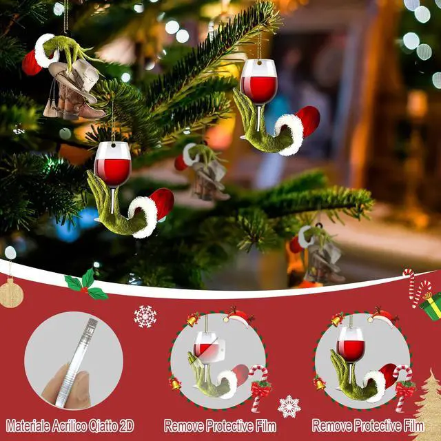 Alt view image 4 of 6 - Christmas Ornaments 2026 - Funny Wine Cup Green Hanging Decorations for Tree, 2D Acrylic Christmas Tree Pendants, Indoor Holiday Decor, Party Decorations, Unique for Wine Lovers