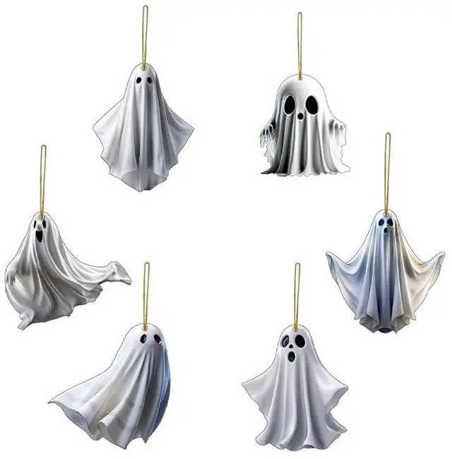 Main image of 6 Pcs Halloween Hanging Ornaments for Tree Cute White Little Ghost Designs Halloween Spooky Acrylic Pendants Cartoon Ghost Hanging Ornaments Decorative for Holiday Party Craft Supplies